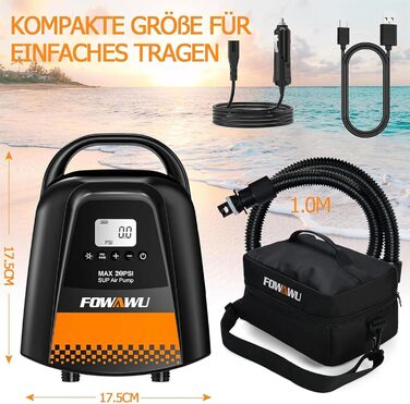 Насос FOWAWU 20PSI для SUP, човнів та каяків: електричний, 12V DC, 2-ступеневий, з автовимкненням