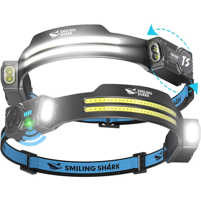 Налобний ліхтар Smiling Shark, 2 шт. Superhell LED, перезаряджається, з датчиком руху, 2400 mAh, 5 режимів, для бігу, походів, кемпінгу