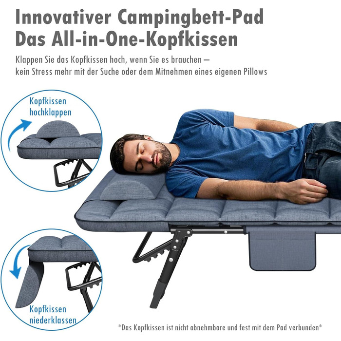 Розкладне шезлонг з регульованою спинкою в 4 положеннях, портативний багатофункціональний лежак для кемпінгу, саду, басейну, патіо - блакитний, з м'яким матрацом та подушкою