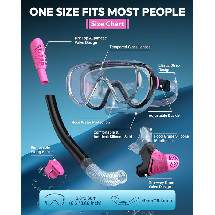 Набір для снорклінгу G2RISE для дорослих: маска та трубка, чорно-рожевий
