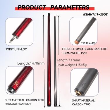 OKHEALING Більярдний кий: карбонове обхватною, 19 oz, 58 дюймів (147 см), 12.4 мм, Unilock, для гри в пул