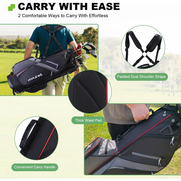 Гольф-сумка MAZEL з 6-ма перегородками, 7 водонепроникними кишенями, великим об'ємом, водонепроникним матеріалом та товстим підпоясом, легка (чорна)