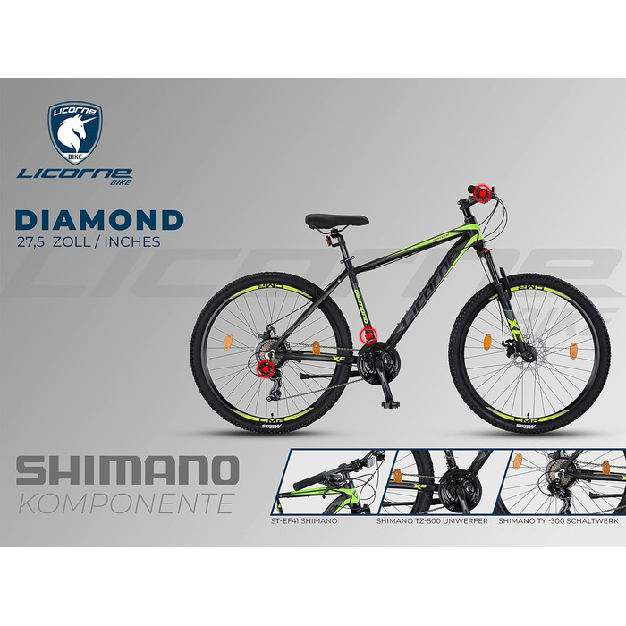 Гірський велосипед Licorne Bike Diamond Premium 27.5'' алюмінієвий, 21 швидкість, дискові гальма, регульована вилка, чорний-лайм, для хлопців, дівчат, чоловіків і жінок