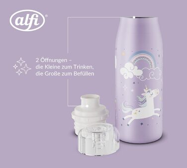 Дитяча термос-пляшка alfi KIDS ISO 350 мл, ліловий Єдиноріг, нержавіюча сталь, герметична, зберігає тепло 12 годин, холод 24 години, для газованих напоїв, BPA-free