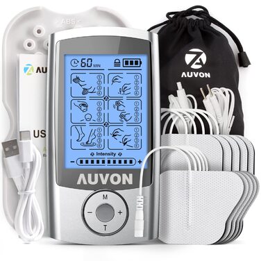 AUVON TENS пристрій: електростимулятор для зняття болю з 24 програмами, 2 канали та 10 шт. електродів преміум-якості
