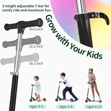 Белеїв V2 Роликовий Самокат для Дітей 6 років, з LED-підсвічуванням, Регульована Ручка та Дека, Заднє Гальмо, Складаний Самокат для Дівчаток та Хлопчиків 3-12 років (Чорний з Райдужними акцентами)