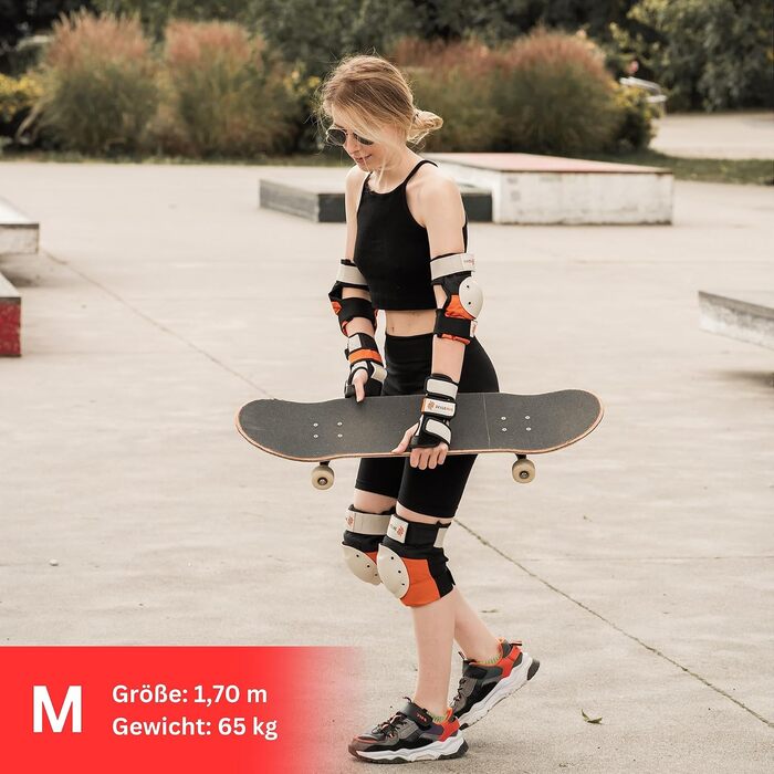 Професійний комплект захисту для скейтборду та роликів SKATEWIZ для дорослих і підлітків з неопреновими рукавами, 6 предметів, німецький бренд, наколінники з фіксацією, розмір L, для міцної статури, колір Sunrise Orange