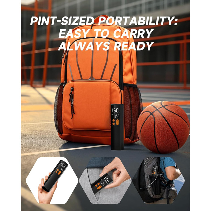 Електричний насос для м'ячів Teffim: 4 режими, 15 PSI, манометр, 3 голки для баскетболу та футболу