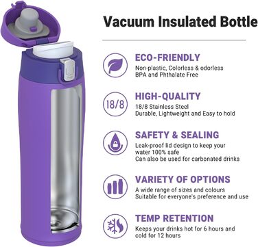 Пляшка для води AORIN з нержавіючої сталі 500 мл, термос, герметична, BPA-free, для спорту, школи, на вулицю, фіолетова