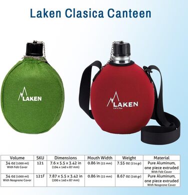 Алюмінієва спортивна пляшка для води LAKEN з неопреновим чохлом, 1 л, червоно-синя, для спорту, гір та військових