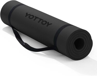 Йогамат YOTTOY, професійна товста йогаматка (183 x 1,27 см), TPE, неслизька для йоги, пілатесу, фітнесу, без взуття, для дому, з реміннем (Чорний)
