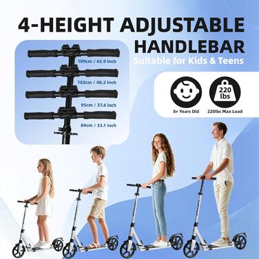 Міський роликовий самокат FREEDARE для дітей та дорослих. Складаний, з колесами 200 мм, регулювання висоти, до 100 кг, білий + сумка для транспортування