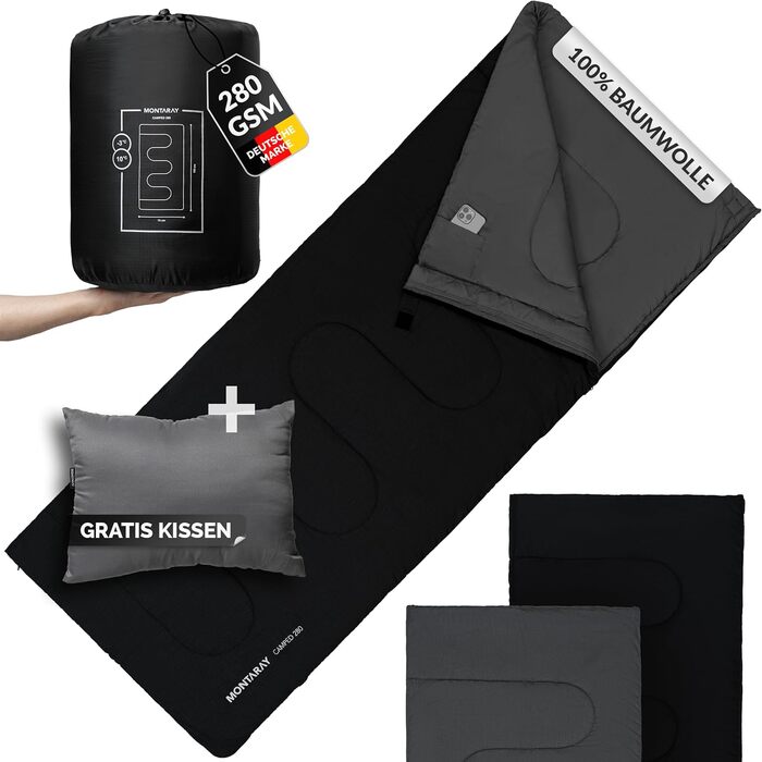 Спальний мішок туристичний, 100% бавовна, до -3°C з подушкою. Підходить для жінок та чоловіків. Розмір 75x190 см, 3-4 сезони, теплий, чорний.