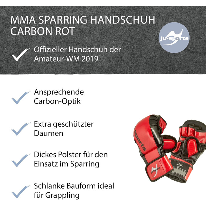 MMA рукавички для спарингу Ju-Sports Carbon, червоні, PU, із захистом великого пальця та кісточок, для тренувань і єдиноборств