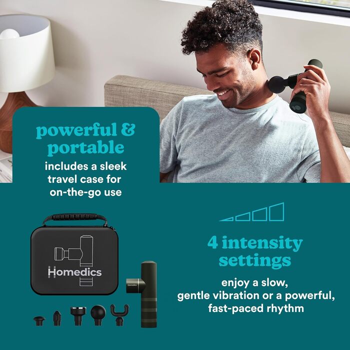 Homedics MYTI Міні масажний пістолет з функцією нагріву – електричний ручний масажер у компактному форматі з 5 насадками та 4 режимами інтенсивності вібрації – масажер для розслаблення м'язів, зелений