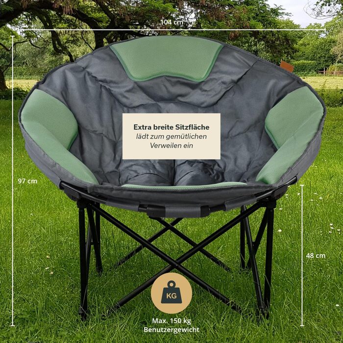Крісло-місяць Skandika Moonchair XXL: великий розкладний кемпінговий стілець з підкладкою, сумкою для перенесення та антиковзаючими ніжками, до 150 кг, сіро-зелений