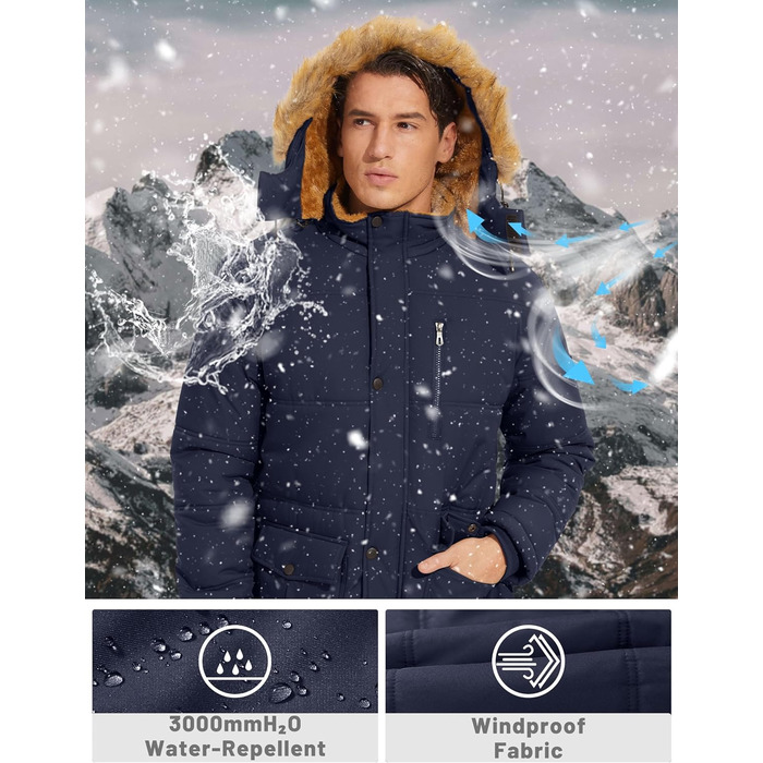 TACVASEN чоловіча зимова куртка, водонепроникна, вітронепроникна, з підкладкою, тепла стьобана куртка з відстібною капюшоном (M, Navy)
