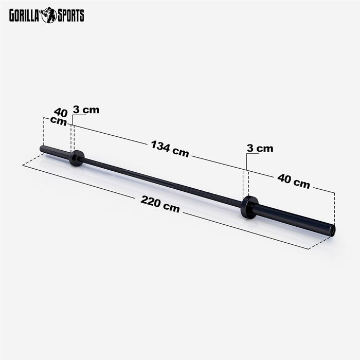 Олімпійський гриф GORILLA SPORTS 220 см, 50 мм, 20 кг, сталь, керамічне покриття, чорний/синій