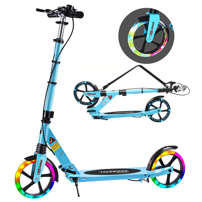 Дитячий трюковий самокат TENBOOM з LED-підсвіткою, регульована висота, складний, до 100 кг, блакитний