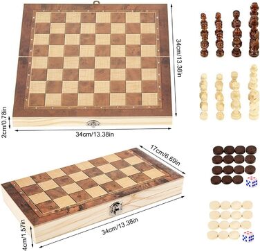 Шахи з дерева 3 в 1, складані, міжнародні, для подорожей. Набір шахової дошки для партії, сім'ї, активностей, дітей та дорослих (34x34 см)