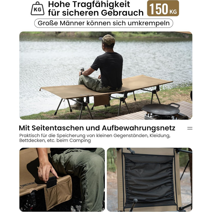 OneTigris SUPRANUBIS розкладне ліжко для кемпінгу 190x70 см, легке, портативне, до 150 кг, для намету, відпочинку на природі, подорожей, саду, офісу, колір Койот