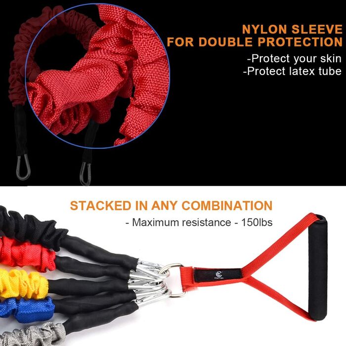 Набір фітнес-гумок CoiTek Premium, 14 шт. з металевими кліпсами, 20-40lbs, з нейлоновими ручками та дверним анкером до 150lbs