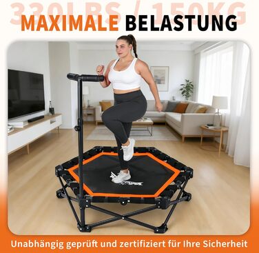 Складаний фітнес-батут для дому з регульованою ручкою, навантаження до 150 кг, діаметр 86.5 см, помаранчевий — для дорослих та дітей