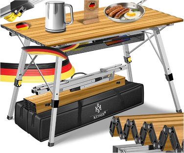 Складаний туристичний стіл KESSER® з алюмінієвим каркасом, регулювання висоти 120x70 см, до 100 кг, з сумкою та сітчастою кишенею, імітація дерева