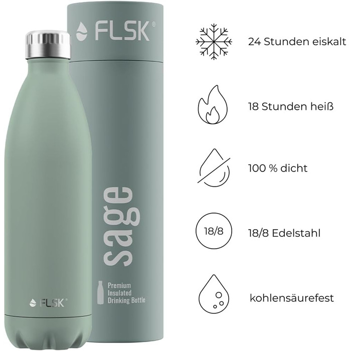 Пляшка для води FLSK 1000 мл із нержавіючої сталі, термос, преміум-якість, герметична, підходить для газованих напоїв, зберігає холод до 24 годин, тепло до 18 годин (sage)