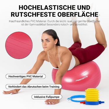 Гімнастичний м'яч MSPORTS Premium Anti Burst 65 см бордовий з насосом, додатком для тренувань та постером вправ
