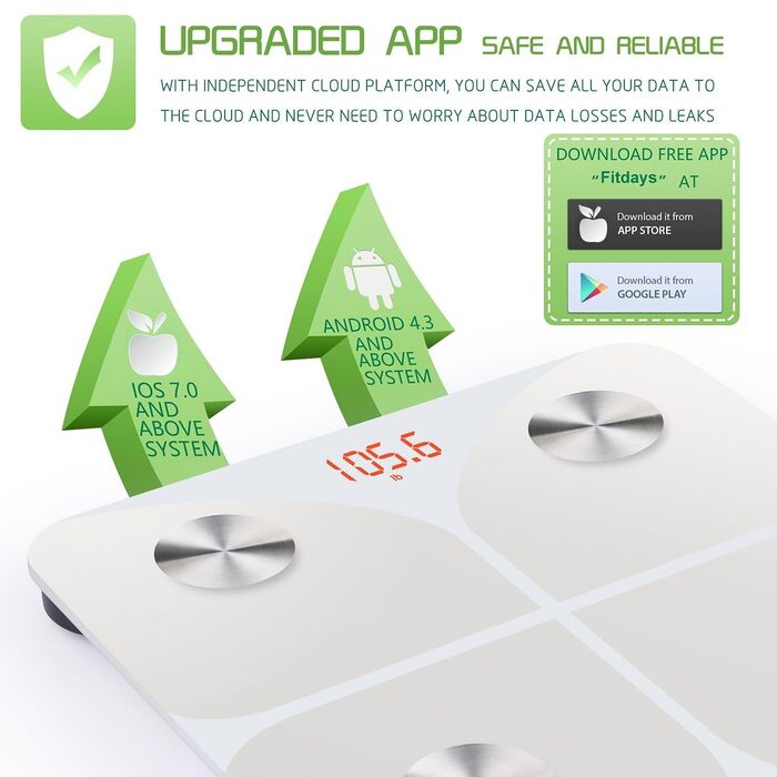 Інтелектуальна вага для вимірювання жиру та BMI з Bluetooth, 180 кг, 30x30 см