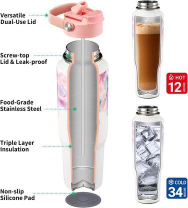 Термос THILY з нержавіючої сталі з кришкою та трубочкою, 1.2л, спортивний, двостінний, з широким горлом, зберігає напої холодними/гарячими цілий день, колір Лаванда (F40 - Рожеві Лілії, модель C: ручка на кришці + компактна основа)
