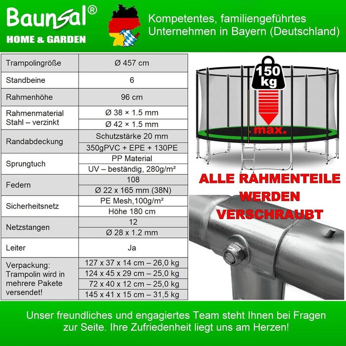 Трамплін Baunsal® Outdoor для саду, Ø 396 см (також 457 см), комплект для дітей, зелено-чорний