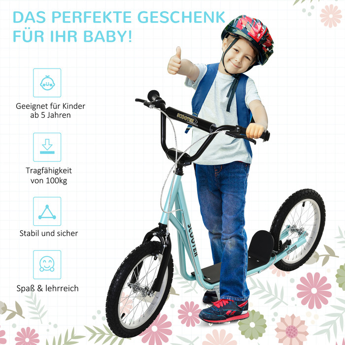 Дитячий самокат HOMCOM Скутер Складаний Kick Scooter з пневматичною шиною та ручним гальмом, Міський самокат, пригоди для дітей від 5 років, 16 дюймів | Аосом
