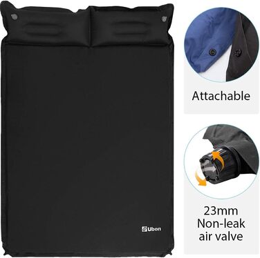Надувна ізольована спальна матрац Ubon для 2 осіб, 3.6 см, чорний