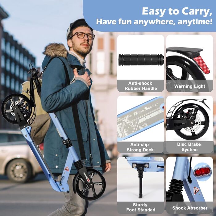 Дитячий складний самокат для дітей 8-15 років з великими колесами 200 мм, дисковими гальмами та регульованою висотою, синій