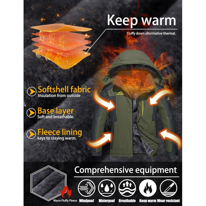 TACVASEN чоловіча тепла зимова куртка, водонепроникна функціональна куртка з капюшоном та довгими рукавами, армійного кольору