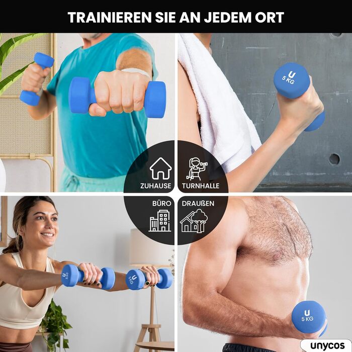Гантелі неопренові Unycos 2 шт. 1-10 кг, короткі, антиковзаючі, для фітнесу, силових тренувань, пілатесу, дому (#07 Синій, 2 x 5 кг, круглі)