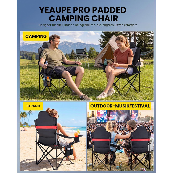 Складаний кемпінговий стілець YEAUPE PRO XL: комфортний розкладний стілець з підголівником та м'яким сидінням, витримує до 150 кг, для рибалки та відпочинку на природі