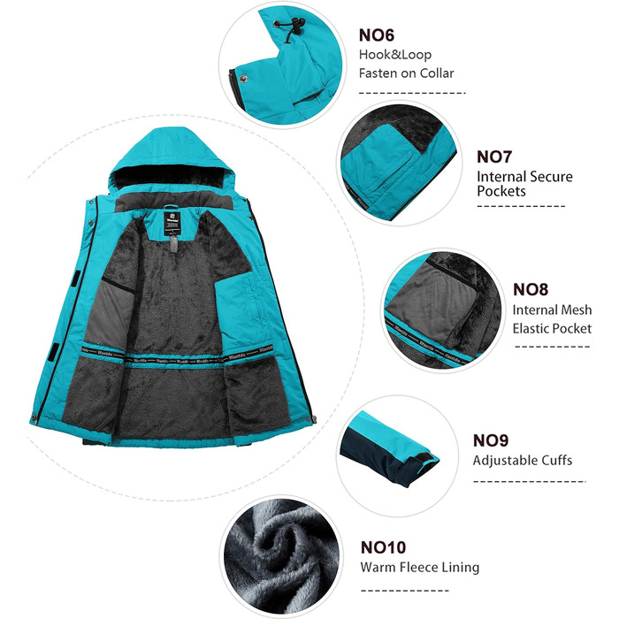 Жіноча зимова куртка Wantdo для катання на лижах, сноуборді, туризму. Тепла флісова куртка з капюшоном, вітрозахисна, з підкладкою, колір: блакитний