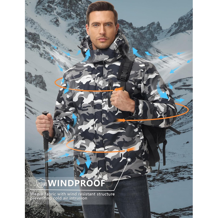 TACVASEN Куртка зимова чоловіча водонепроникна тепла, флісова підкладка, софтшелл, дихаюча, функціональна з відстібною капюшоном (3XL, Чорний камуфляж)