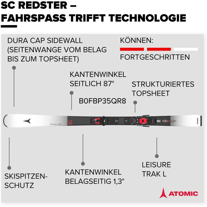 Лижі ATOMIC REDSTER SC для жінок та чоловіків | Високоякісні лижі з технологією TI Stabilizer | Densolite Core, білий/чорний, 154 см