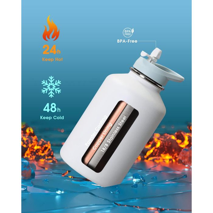 Coolflask пляшка для води 2 л з нержавіючої сталі з PU-чохлом, термос з металу із кришкою зі соломинкою, тримає холод 48 годин, гаряче 24 години, небесно-блакитна