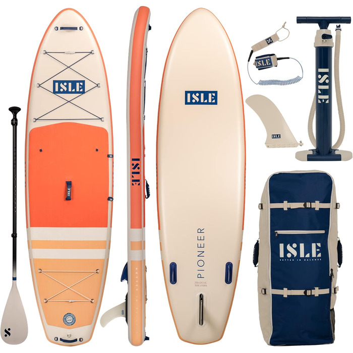 Надувна SUP-дошка ISLE Pioneer з комплектом: рюкзак, насос, весло, страховочний шнур, 3-плавникова система, для початківців, дизайн Каліфорнія