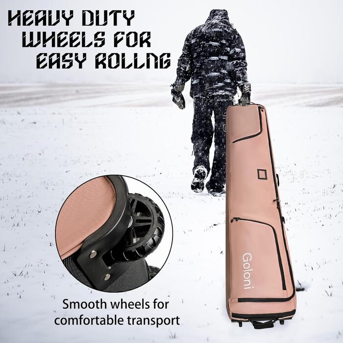 Чохол для сноуборда на колесах, водонепроникний, 600D, для подорожей літаком, вміщує 2 пари лиж (175см), рожевий