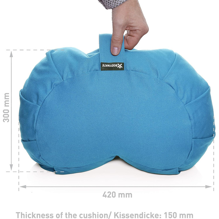 Подушка для йоги та медитації BODYMATE Halbmond 42x30x15 см, блакитна - гречане лушпиння, бавовняний чохол (прати в машині)