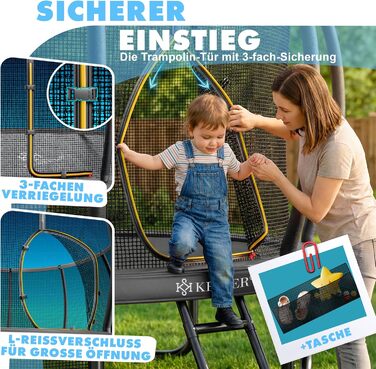 Батут KESSER® Outdoor Ø 244/305/366/427 см з сертифікатом GS, для дітей та дорослих (до 150 кг) з захисним сітком, сумкою, сходами, захисним бортиком та м'якими стійками сітки, антрацит