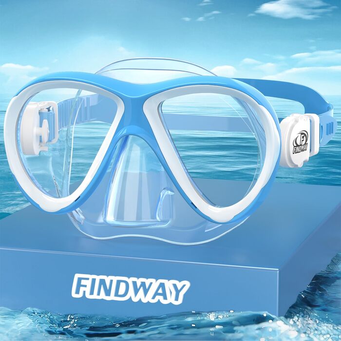Маска для плавання Findway для дітей (3-14 років), блакитно-біла, панорамна, силіконовий ремінець, анти-протікання