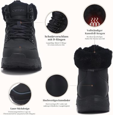 Зимові черевики для жінок, зимові чоботи, утеплені снігові чоботи, трекінгові черевики для хайкінгу, чорний колір, розмір 38 EU