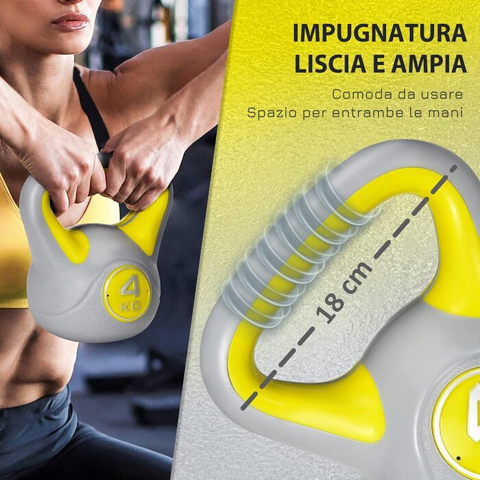 Гиря SPORTNOW 4 кг з поліуретану та піску, жовта, з плоским дном і зручним хватом для розтяжки, присідань і підйомів, 18x12x20 см